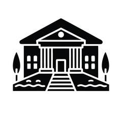 Vector art of black and silhouette of a classical building with columns and a grand staircase, flanked by trees, representing government, education, or a historical landmark
