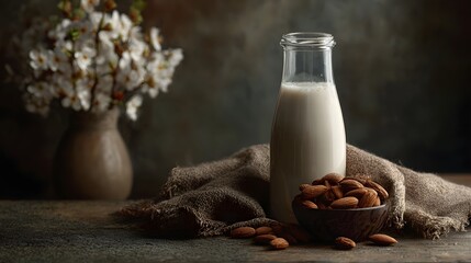 A glass bottle of plant based almond milk sits beside a bowl of raw almonds on a rustic wooden table draped with fabric and soft flowers