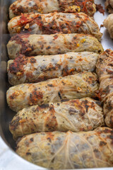 Dolma stuffed cabbage leaves, meat filled rolls, Middle east cuisine, tasty food