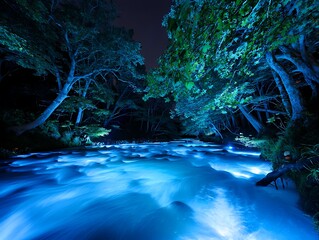 Magical Forest River Flowing with Ethereal Blue Light Under a Starry Night Sky