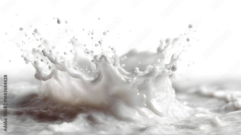 Poster dynamic close up of a white liquid splashing vigorously creating a beautiful crown effect against a 
