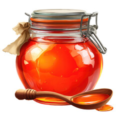 Ornate glass jar of vibrant orange-red jam, with wooden spoon