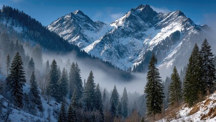 Fototapeta premium Snowy mountain peaks pierce a hazy sky above a wintry forest