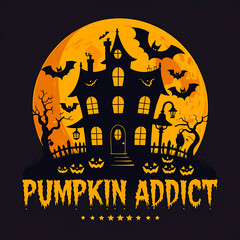 Spooky haunted house with full moon and bats Halloween artwork t-shirt design perfect for horror fans, gothic fashion, and creepy night lovers