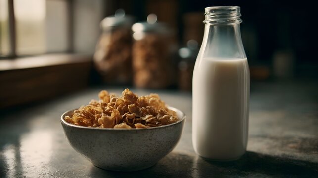 A bowl of crispy breakfast cereal and a bottle of fresh white milk sit side by side on a rustic kitchen counter bathed in soft morning light