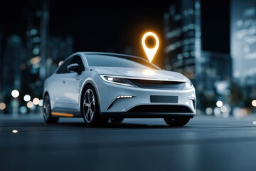 Electric car parked with glowing map pin, futuristic smart navigation system, connected mobility technology, modern city background, route optimization and AI-based transport solution