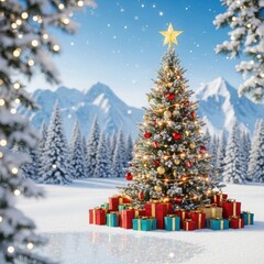 Decorated christmas tree in snowy mountain landscape with presents and twinkling lights illustration