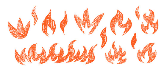 Hand drawn fire flames set. Crayon, pastel and chalk doodle collection with sketch texture. Grunge yellow flame elements. Vector illustration isolated on white background