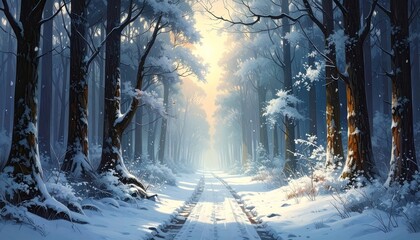 Snowy path through a winter forest. Sunlight streams through the trees