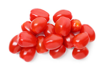 Many ripe red tomatoes isolated on white, top view