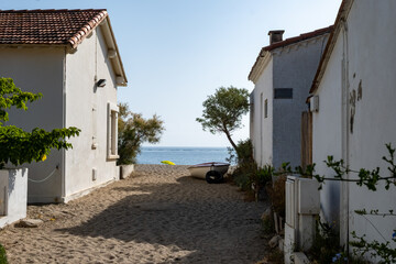 Le Racou hamlet houses in Argeles-sur-Mer, or the nook in Catalan, typical place along the Mediterranean coast, sandy paths, tourists destination near Collioure, France