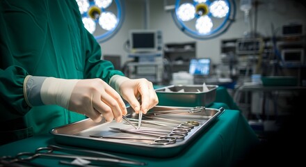 A medical professional in green scrubs and white gloves meticulously arranges various surgical instruments on a metal tray in a brightly lit operating room.