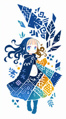 秋の訪れを感じさせる女の子。イラスト。デザイン。パッチワーク。