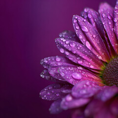 A stunning macro photograph captures the intricate details of a purple daisy covered in delicate water droplets. The petals glisten with moisture, highlighting their velvety texture and vibrant magent