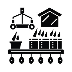 Obraz premium Vector art of black and graphic representation of a hydroponic system with plants growing in containers and water droplets, symbolizing agriculture and innovation