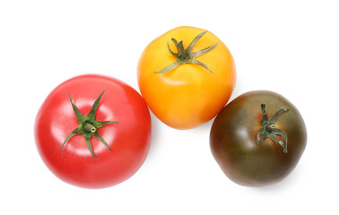 Different ripe juicy tomatoes isolated on white, top view