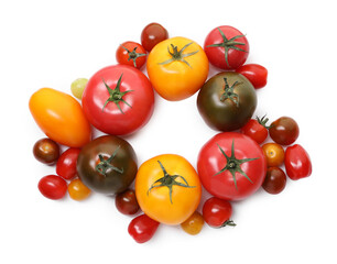 Different ripe juicy tomatoes isolated on white, top view