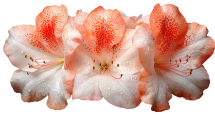 Close-up of three azaleas, soft peach and white, with speckled orange-red centers, detailed petals, and water droplets
