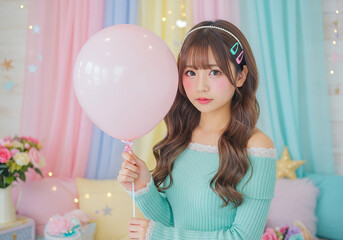 パステルカラーの部屋で風船を持つ可愛い女性