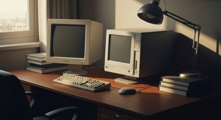 Retro computer setup in a sunlit room.  A vintage desk with two CRT monitors, a keyboard, mouse, and lamp. Books are stacked on the desk