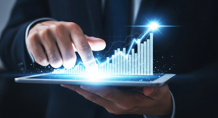 Businessman interacting with futuristic financial data visualization