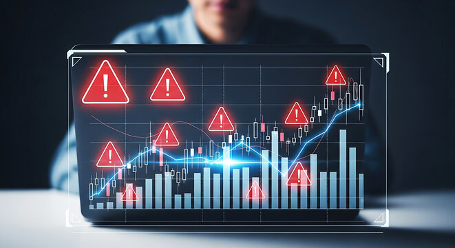 Financial market downturn with red alert warnings and upward trend