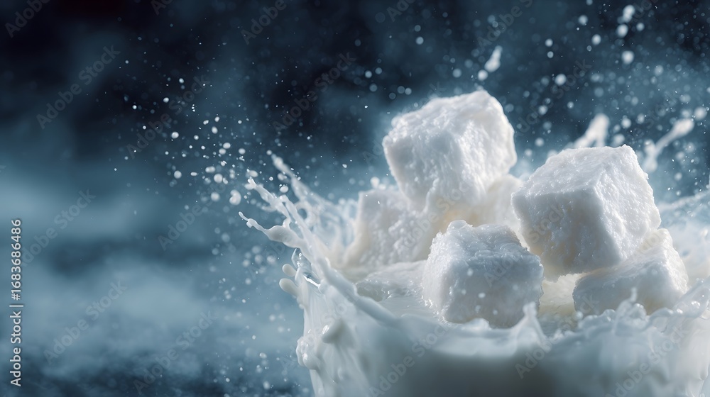 Aufkleber white sugar cubes splashing into creamy milk creating dynamic motion against a misty atmospheric dar