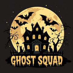 Spooky haunted house with full moon and bats Halloween artwork t-shirt design perfect for horror fans, gothic fashion, and creepy night lovers