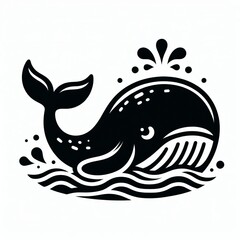 Playful black whale spouting water and swimming happily in stylized wavy ocean water for a cute marine life design