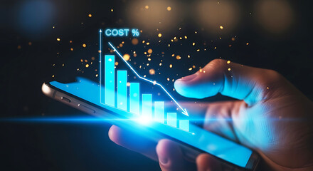 Hand holding smartphone displaying financial growth chart with sparkles