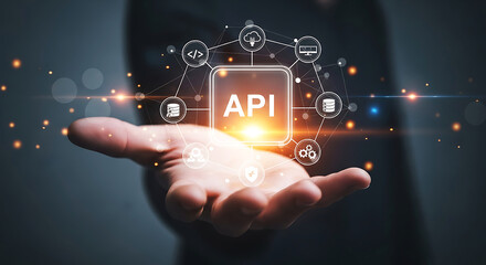 Hand holding digital api connection with network icons