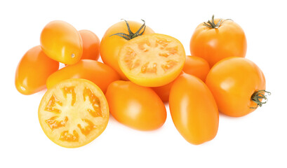 Many ripe yellow tomatoes isolated on white