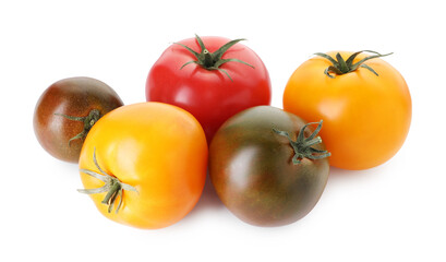 Different ripe juicy tomatoes isolated on white