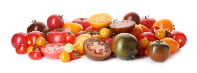 Heap of different ripe juicy tomatoes isolated on white