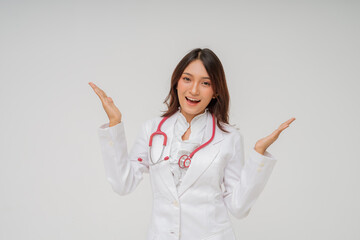A cheerful female doctor warmly welcomes her patients with a positive attitude and open arms