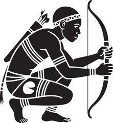 Skilled African Archer Aiming with Bow and Arrow in Traditional Hunting Stance Silhouette