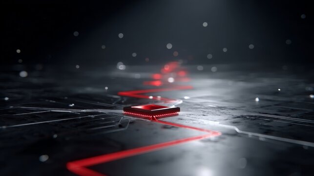 An isolated electronic component emits glowing red lines on a reflective circuit board like surface,