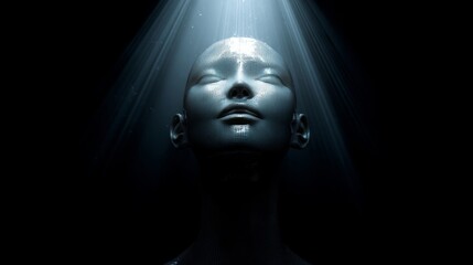 A serene humanoid face with closed eyes and metallic grid texture basks in radiant beams of light against a dark backgro