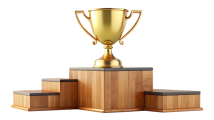  Golden championship trophy displayed proudly on a wooden first place podium isolated on white background ,PNG. AI Generated.