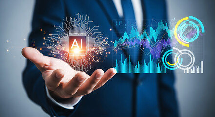 Businessman presenting futuristic digital technology and data visualization