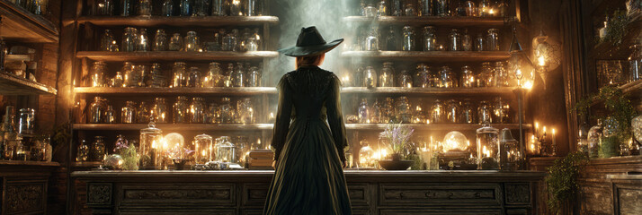 In an enchanting autumn setting, a young witch dressed in a detailed costume stands in front of shelves filled with glowing potions and ancient spell books, embracing the Halloween spirit, banner