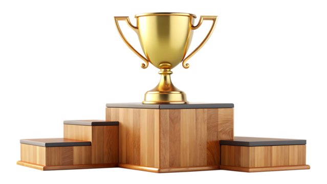  Golden championship trophy displayed proudly on a wooden first place podium isolated on white background ,PNG. AI Generated.