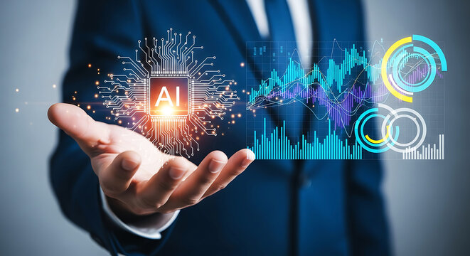 Businessman presenting futuristic digital technology and data visualization