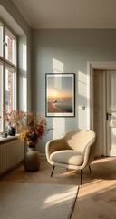 Interior view, sunlit room, framed art print.  Soft, pastel colors.  Beige armchair, warm tones.  Natural light,  cozy