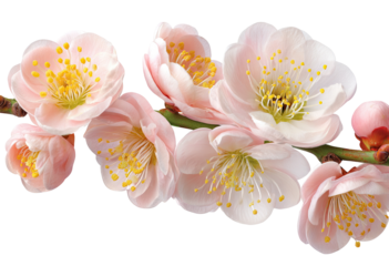 Delicate pink blossoms on a branch.  Close-up of several blossoms in soft pink hues, with yellow stamens.  A branch extends horizontally, showcasing the blossoms in various stages of bloom