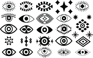 Black and White Eye Symbols Collection – Abstract Mystical Vector Icons, Spiritual Geometric Shapes, Esoteric Decorative Graphic Elements Pack