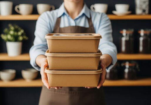Person holding stack of takeout food containers