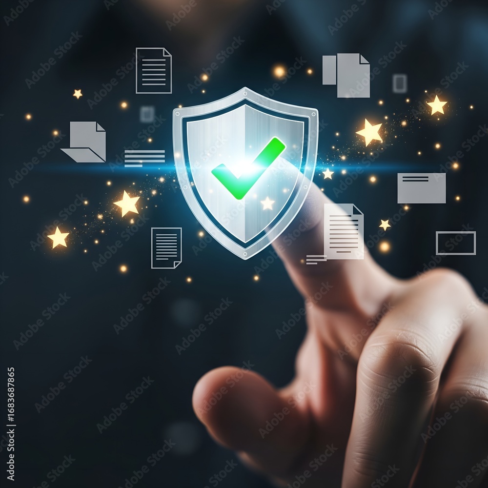 Poster finger touching glowing shield with checkmark symbolizing digital security and data protection