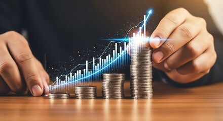 Fingers adjusting stacked coins with upward financial growth graph