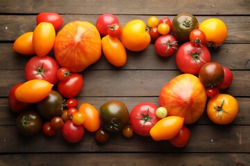 Frame of many different ripe tomatoes on wooden table, flat lay. Space for text